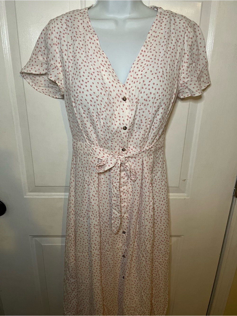 LOFT Cream Midi Dress with Pink Print